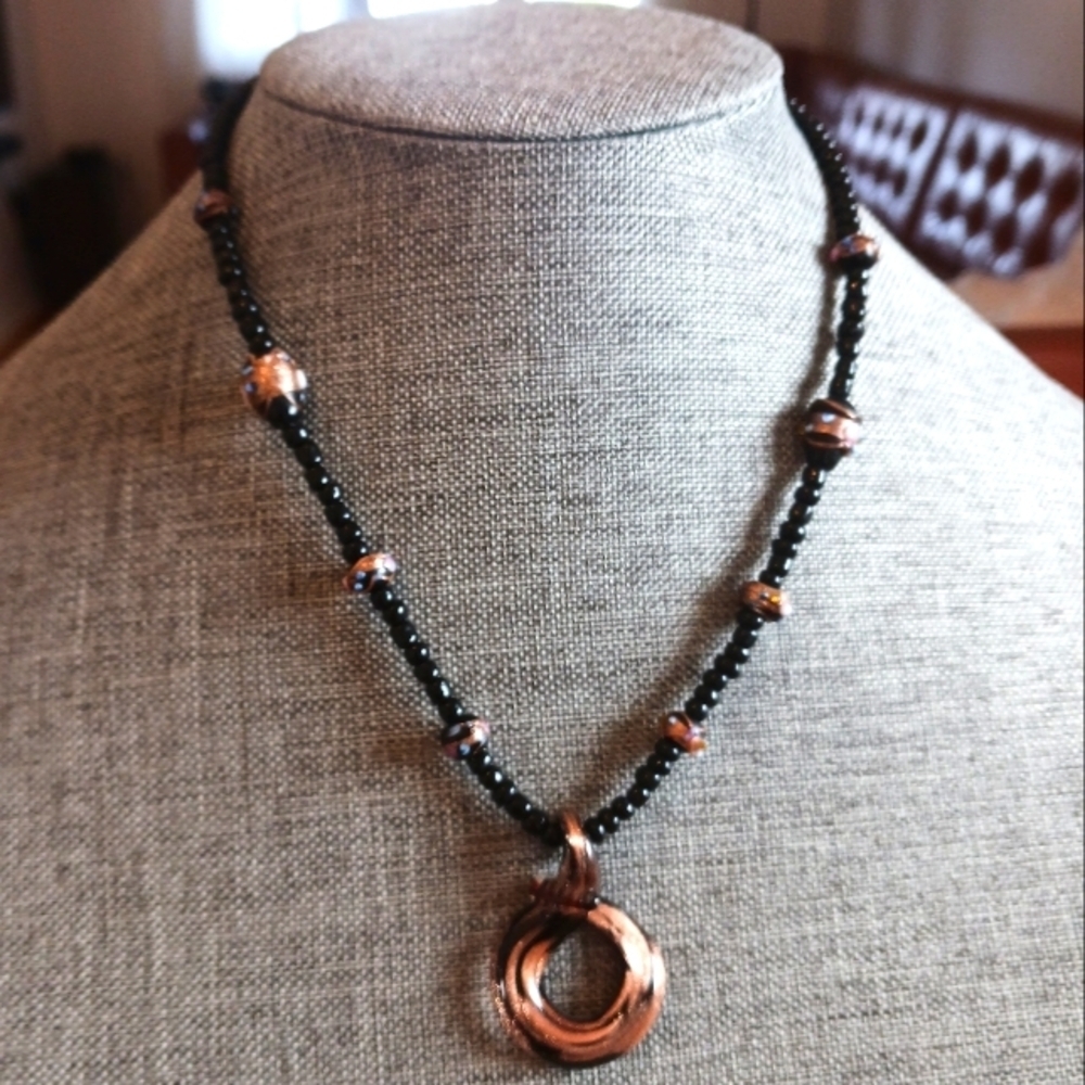 Abstract Glass Pendant on Beaded Necklace Black and Copper - Pre-loved (18")